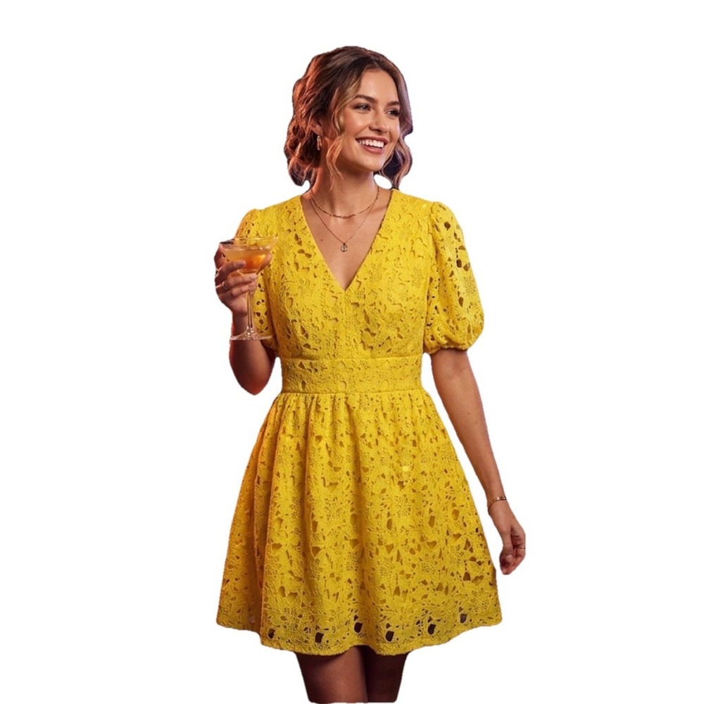 Women's Short N‎ Sweet Lace Yellow Fit N Flare Puff Sleeves Dress  Plus Size 24W